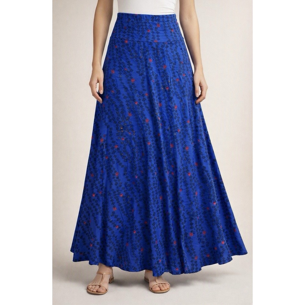 LuLaRoe Maxi Skirt Womens M Blue Geometric Print Foldover Waist Made USA